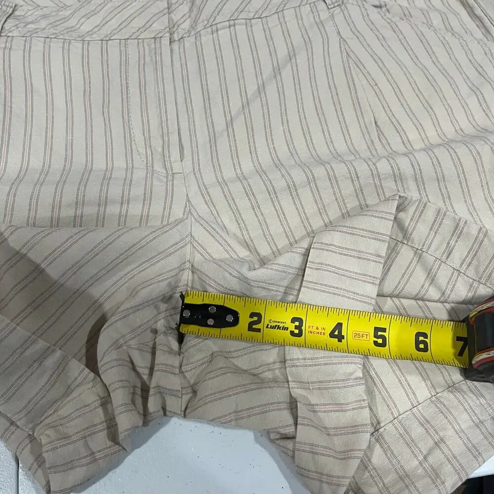 Loft Tan Stripe Linen Cotton Cuffed Shorts Womens Size 12 Pockets Summer